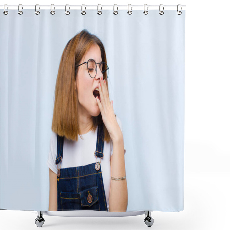 Personality  Young Pretty Woman Yawning Lazily Early In The Morning, Waking And Looking Sleepy, Tired And Bored Against Blue Background Shower Curtains