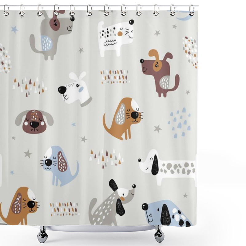 Personality  Childish Seamless Pattern With Funny Dogs. Creative Texture In Scandinavian Style. Great For Fabric, Textile Vector Illustration Shower Curtains