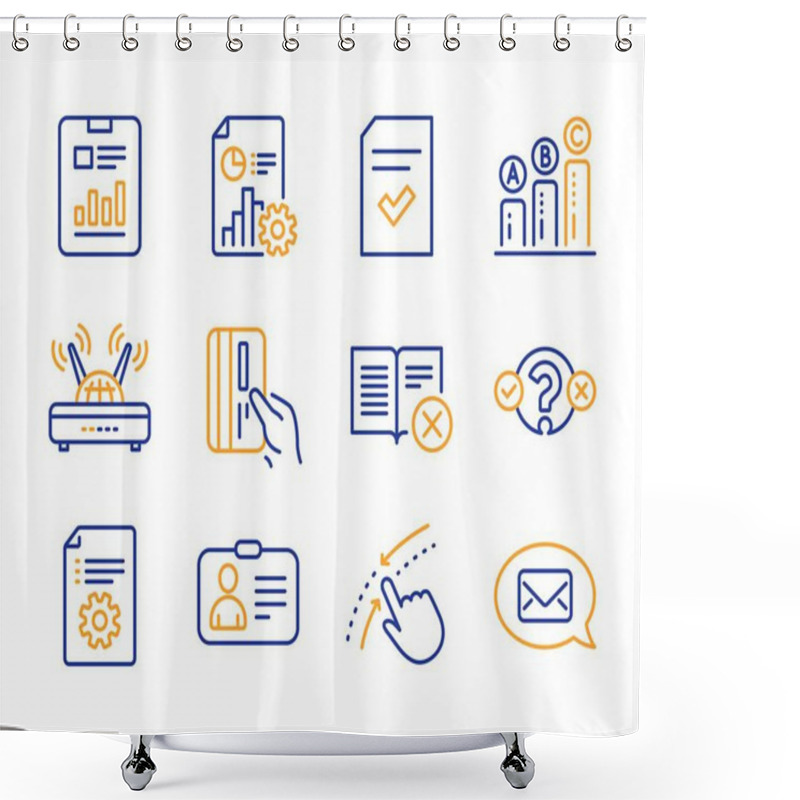 Personality  Report, Quiz Test And Swipe Up Icons Set. Wifi, Id Card And Technical Documentation Signs. Vector Shower Curtains