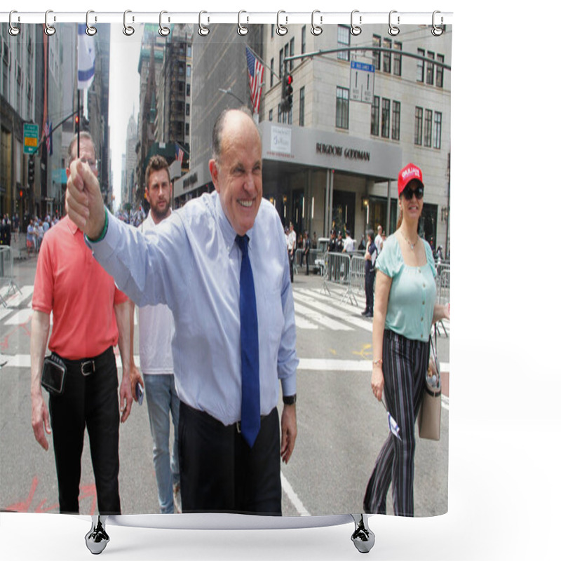 Personality  Andrew And Rudy Guiliani At Israel Parade 2022. May 22, 2022, New York, USA: The Candidate To New York Governorship, Andrew Guiliani And His Father, Rudy Guiliani, Ex Mayor Of New York At The Israel Parade 2022.  Shower Curtains