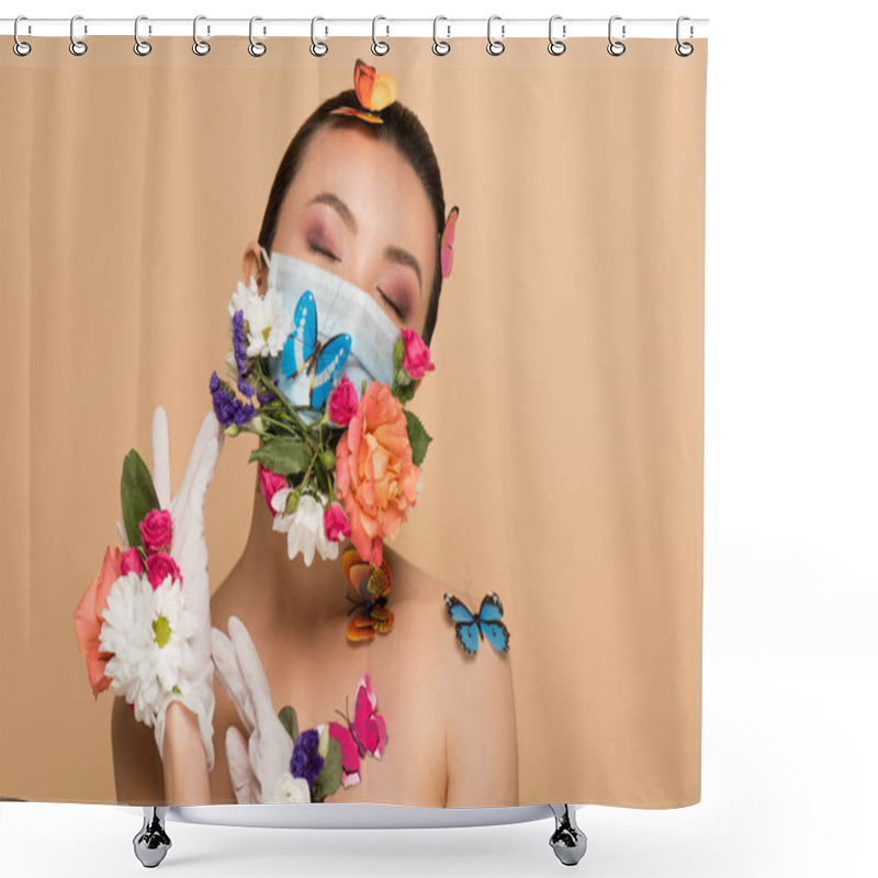 Personality  Beautiful Tender Asian Girl With Closed Eyes In Latex Gloves And Floral Face Mask With Butterflies Isolated On Beige Shower Curtains