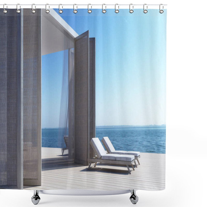 Personality  Beach Living On Sea View. 3d Rendering Shower Curtains