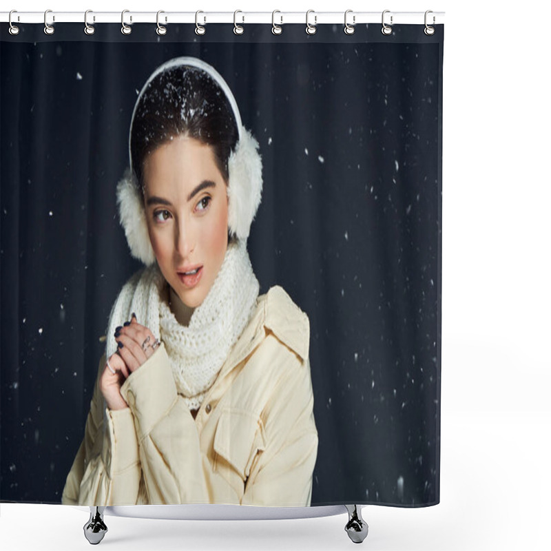 Personality  A Lovely Woman Dressed Warmly Enjoys The Gentle Snowfall While Smiling Softly Outside In Winter. Shower Curtains