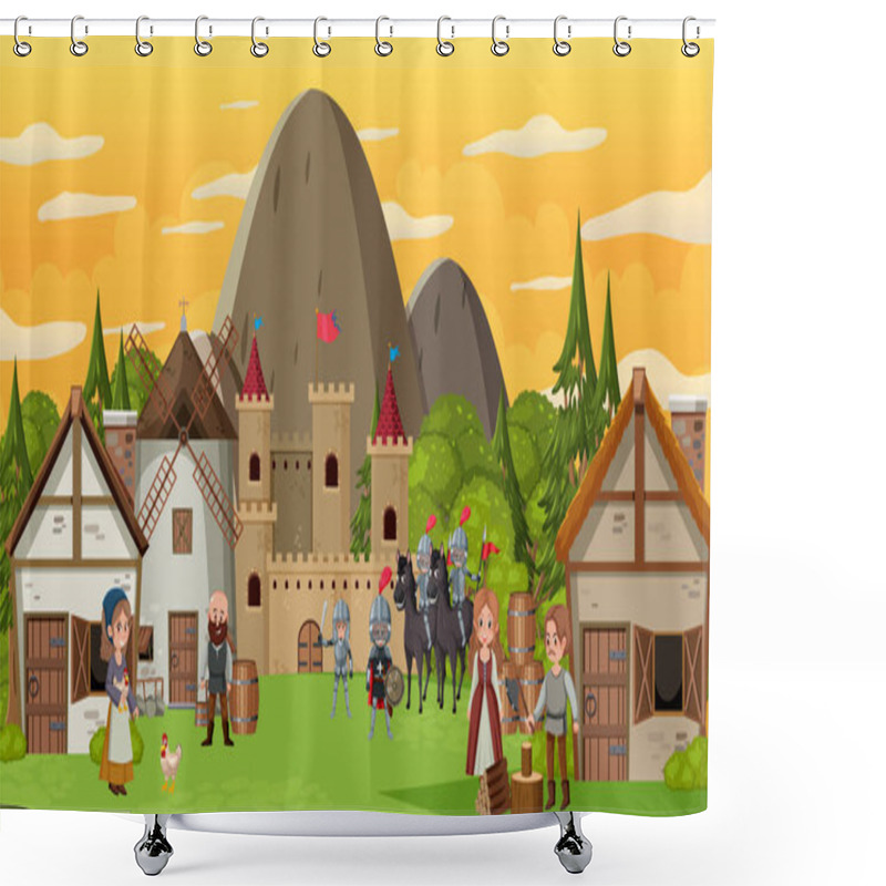 Personality  Medieval Town Scene With Villagers And Warriors Illustration Shower Curtains