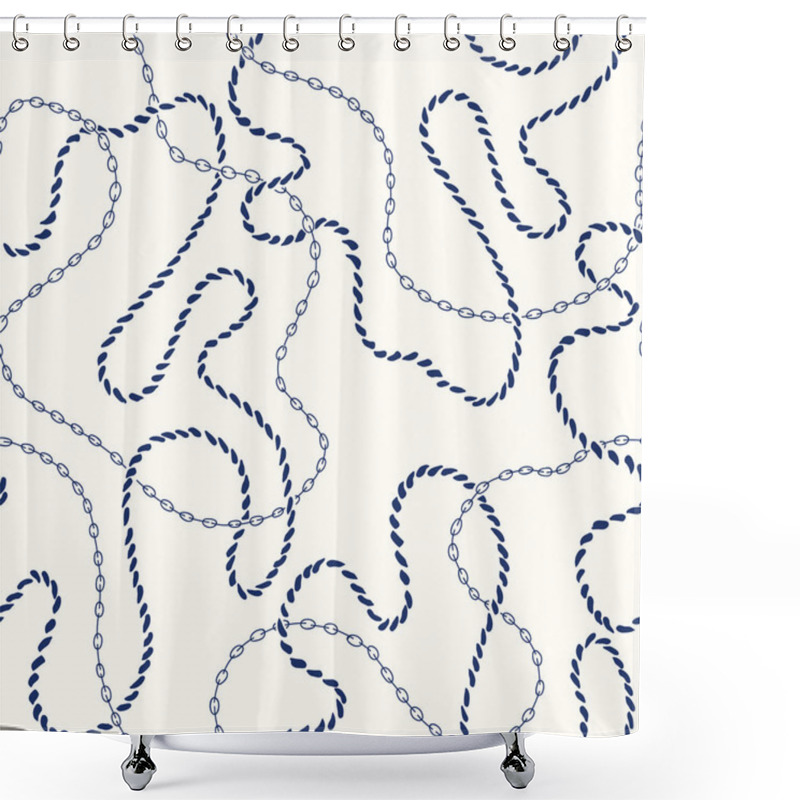 Personality  Hand-Drawn Intertwining Nautical Rope, Chains Vector Seamless Pattern. Monochrome Blue Marine Background Shower Curtains