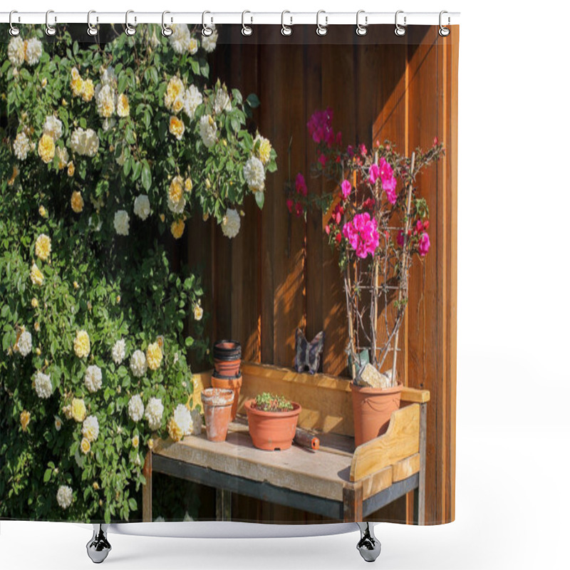 Personality  Planting Table In The Garden Shower Curtains