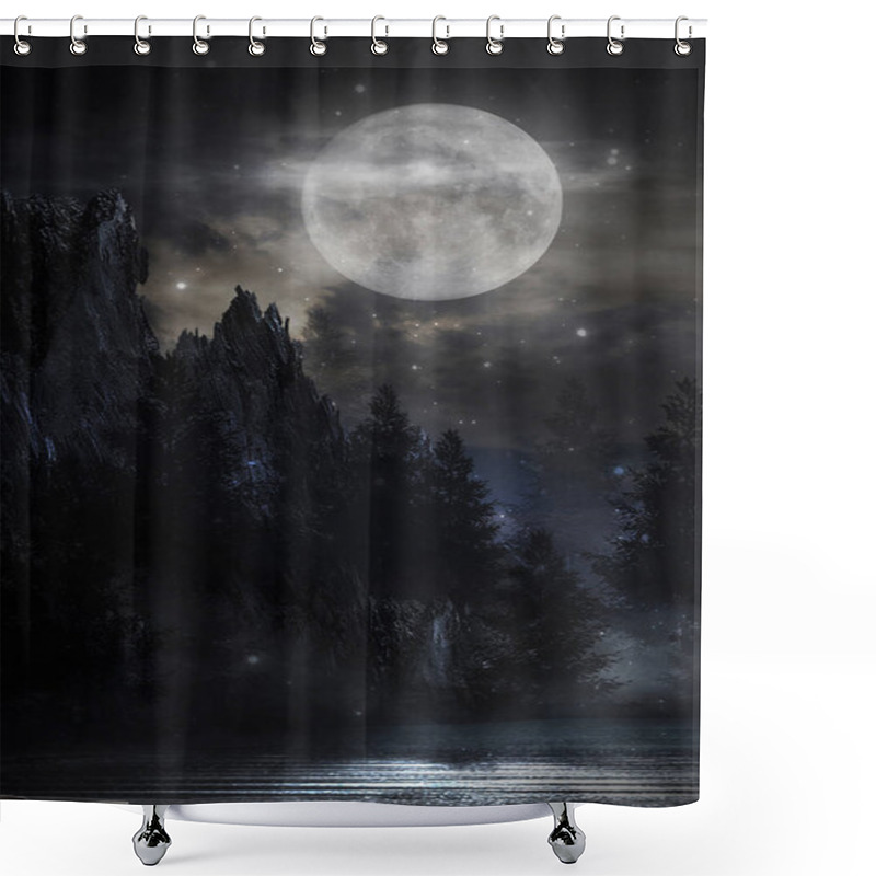 Personality  Futuristic Night Landscape With Abstract Forest Landscape. Dark Natural Forest Scene With Reflection Of Moonlight In The Water, Neon Blue Light. Dark Neon Circle Background, Dark Forest, Deer, Island. Shower Curtains