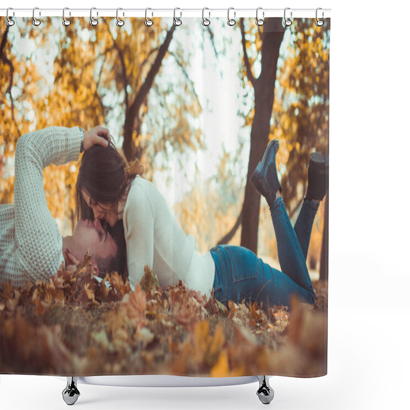 Personality  Nice Couple Lying In The Park On Autumn Leaves And Kissing Shower Curtains