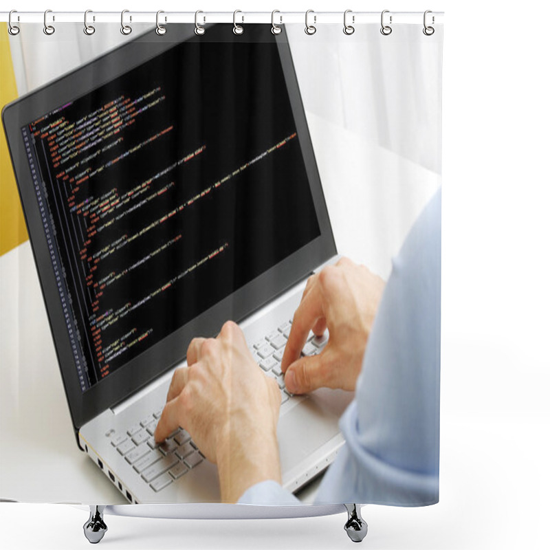 Personality  Programmer Profession - Man Writing Programming Code On Laptop C Shower Curtains