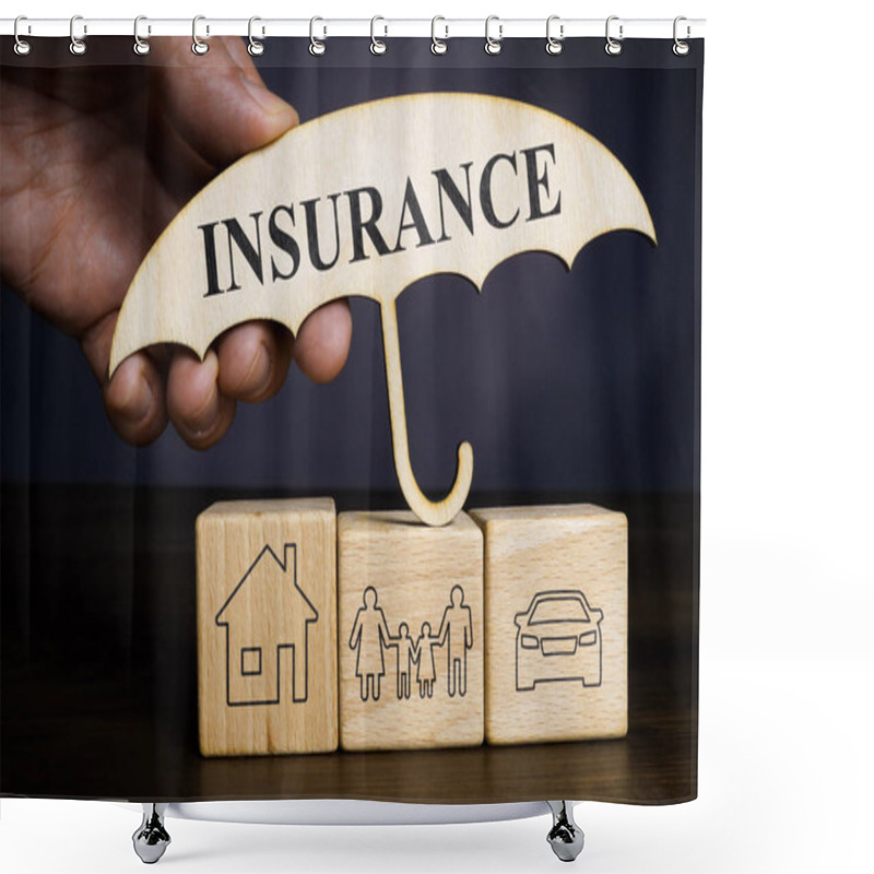 Personality  A Hand Holds Umbrella With Word Insurance And Cubes With Home, Family And Car. Shower Curtains