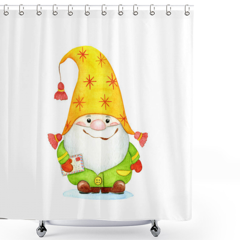 Personality  Cute Christmas Gnome (dwarf) With A Letter In A Yellow Hat. Cartoon Watercolor Painting Illustration, Isolated On A White Background. Hand Draw Illustration. Shower Curtains