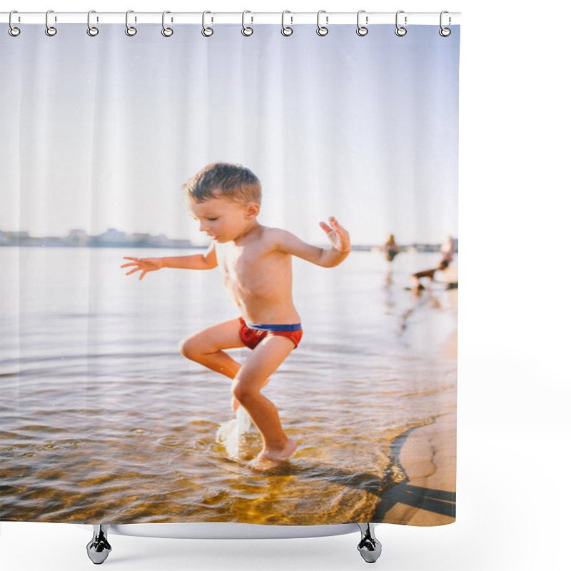 Personality  Theme Summer Outdoor Activities Near The River On The City Beach In Kiev Ukraine. Little Funny Baby Boy Running Along The River Bank, Jumping A Splash Of Water Sandy Beach Summer Time Shower Curtains