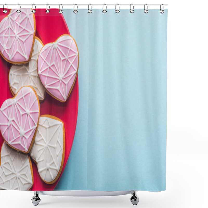 Personality  Top View Of Glazed Heart Shaped Cookies On Pink Plate Isolated On Blue Shower Curtains