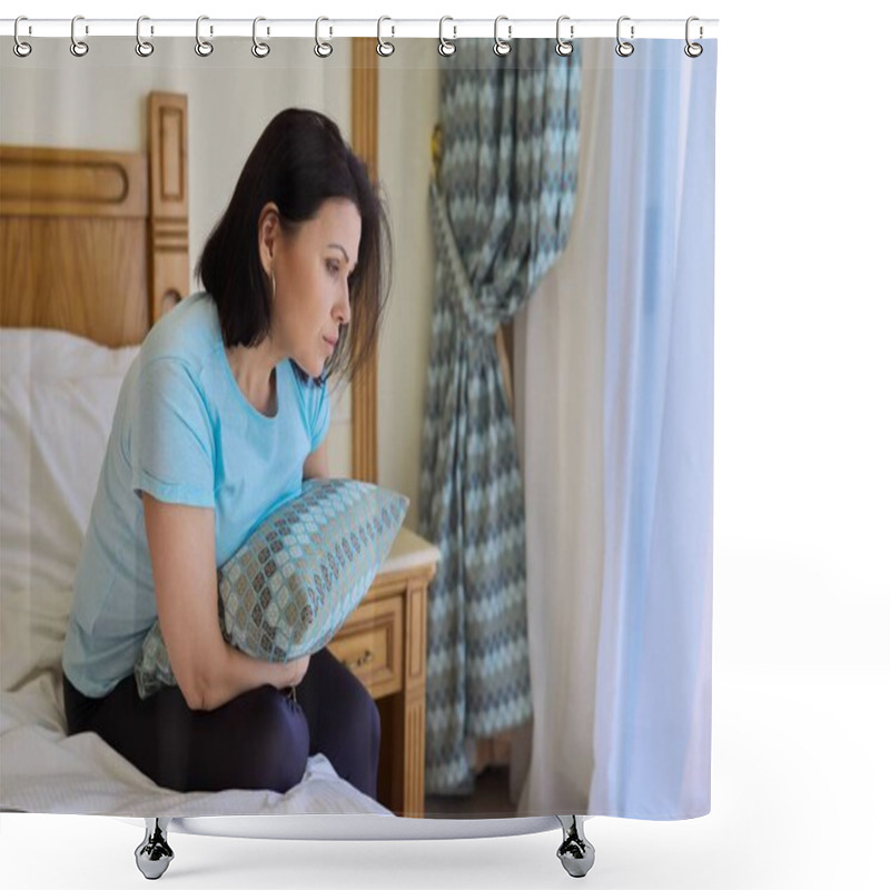 Personality  Mature Sad Suffering Woman Sitting On Bed With Pillow Shower Curtains