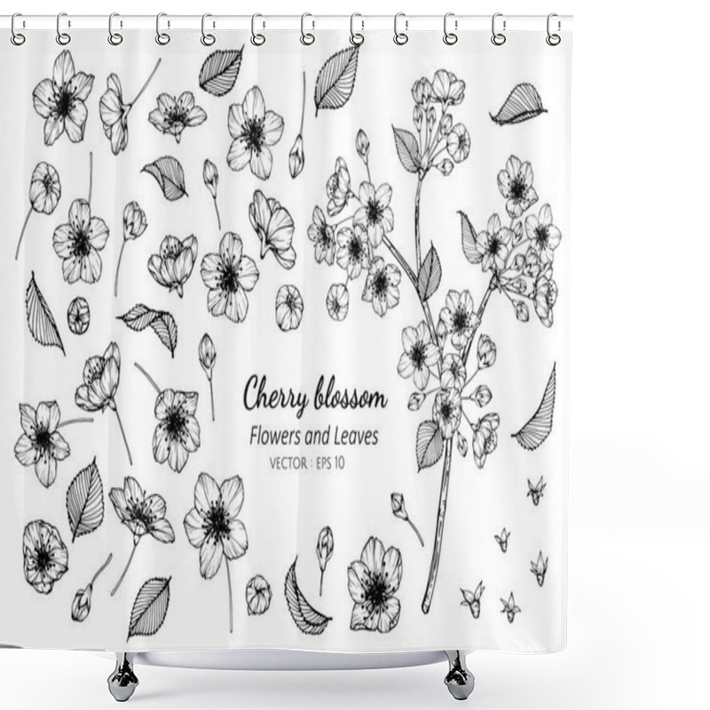 Personality  Collection Set Of Cherry Blossom Flower And Leaves Drawing. Shower Curtains