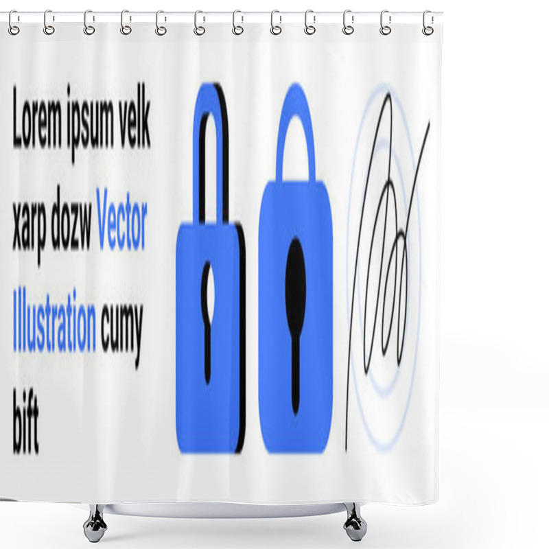 Personality  Secure Text With Graphics Of Blue Locked And Unlocked Padlocks Accompanied By A Hand-drawn Signature. Ideal For Cybersecurity, Data Protection, Privacy, Online Security, Authentication, Secure Shower Curtains