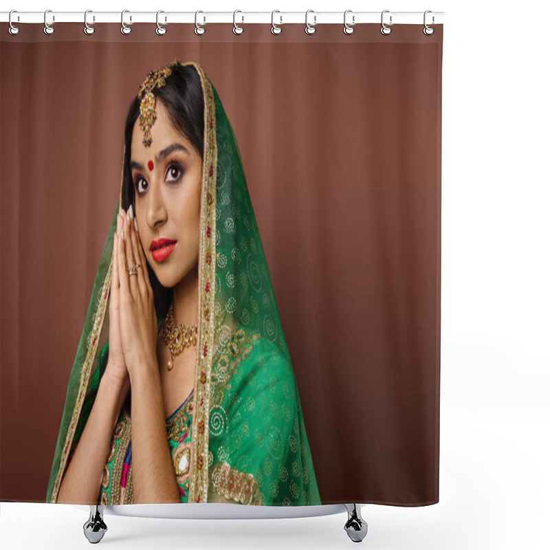 Personality  Pretty Indian Woman In Traditional Costume With Bindi Dot Showing Praying Gesture And Looking Away Shower Curtains