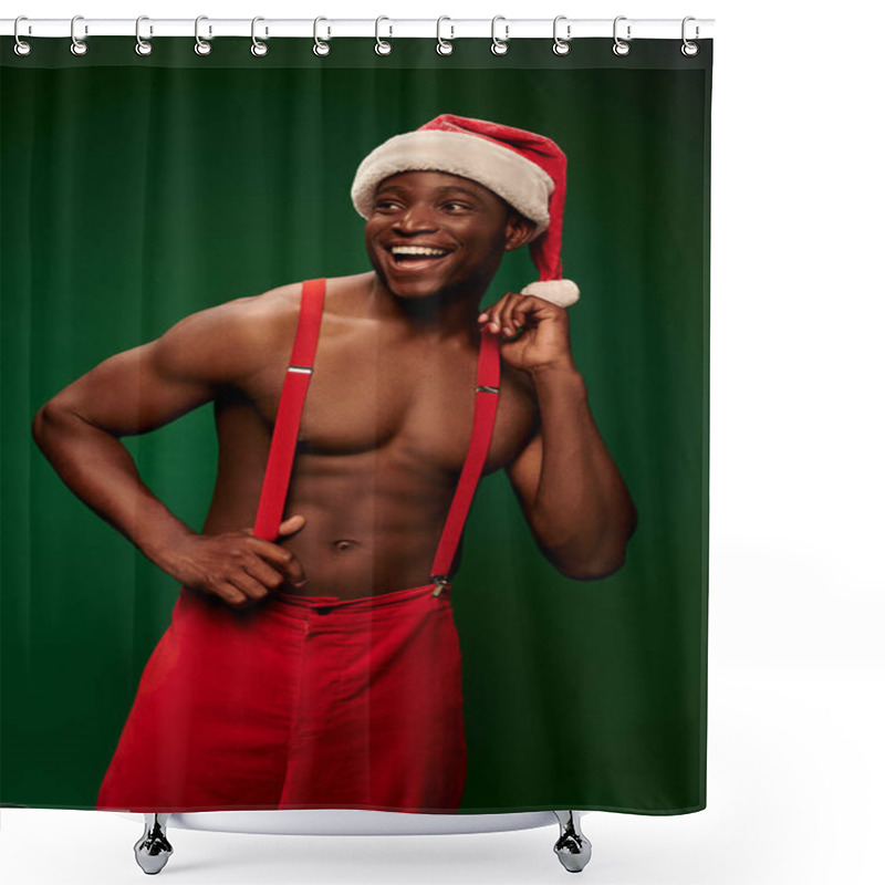 Personality  Joyful Shirtless African American Man In Santa Hat And Red Pants Looking Away On Green Backdrop Shower Curtains