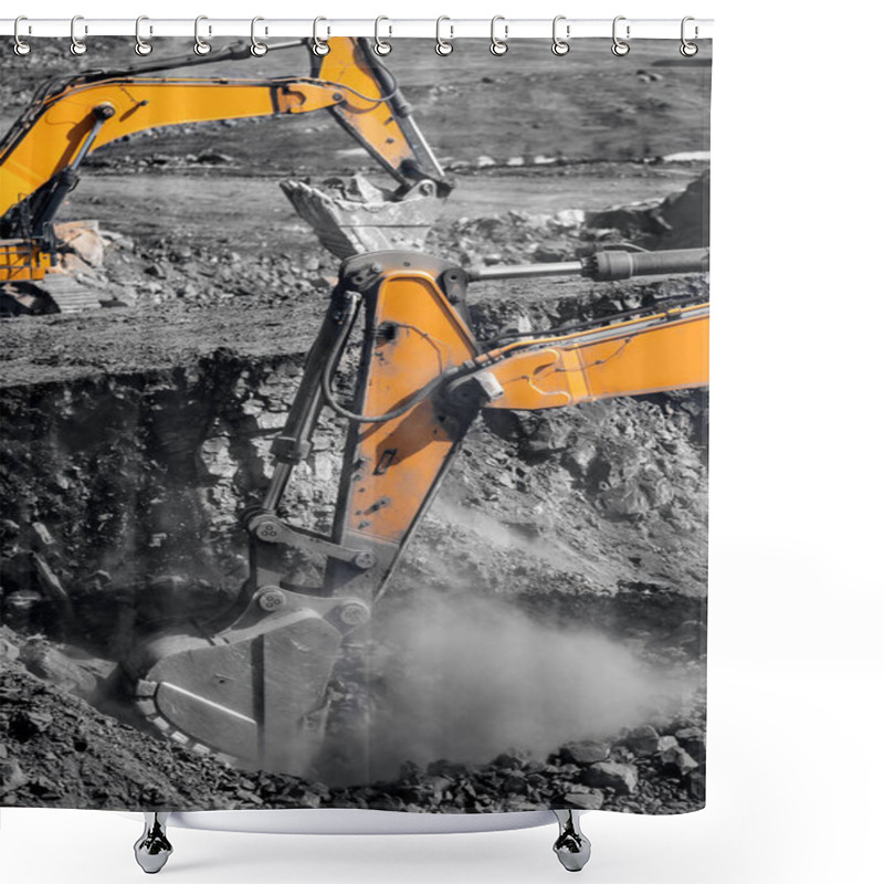 Personality  Yellow Excavator Works And Extracts Coal From Bowels Of Earth. Open Pit Mine Industry Shower Curtains