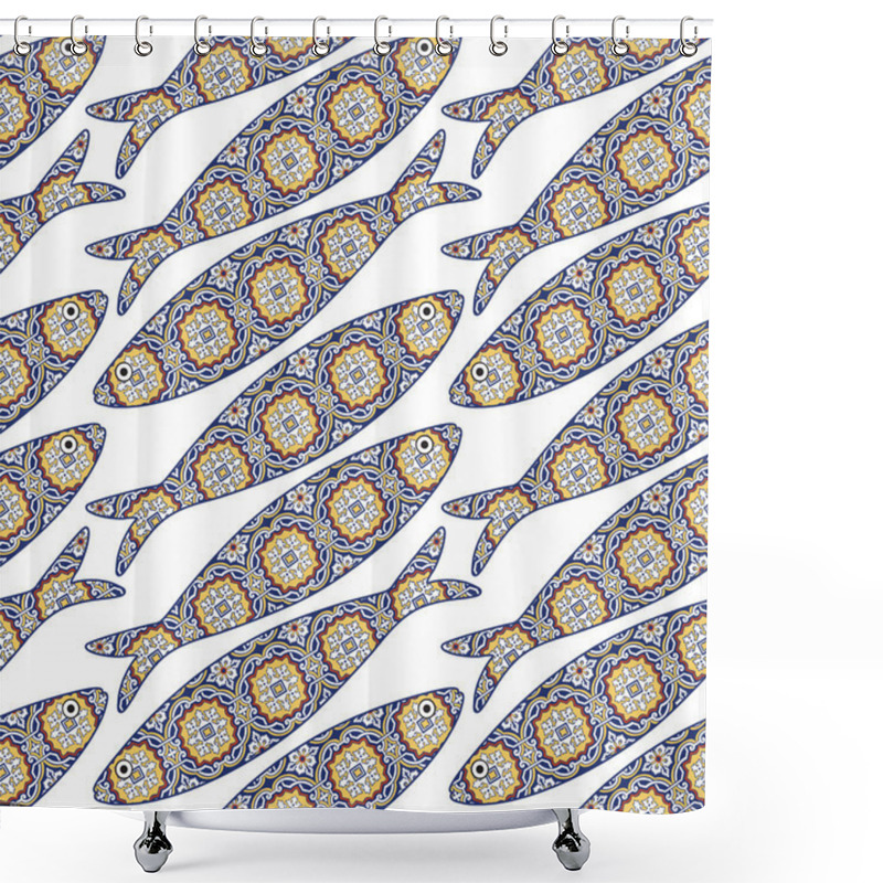 Personality  Traditional Portuguese Sardine And Azulejo Tiles Background. Seamless Pattern With Ornamental Fish. Fish Pattern In Abstract Style With Colorful Tiles. Shower Curtains