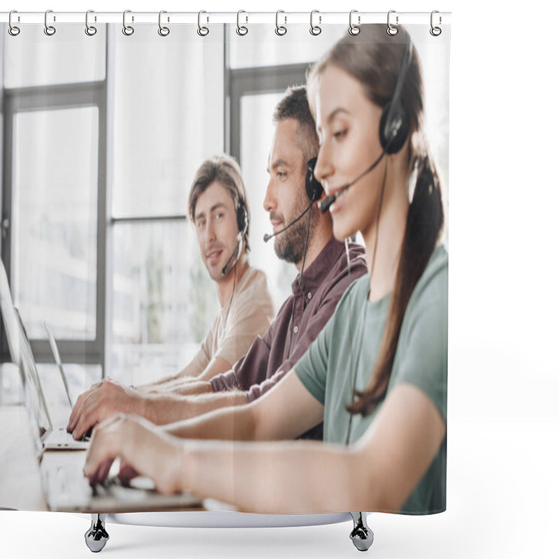 Personality  Young Team Of Call Center Managers Working Together At Modern Office Shower Curtains