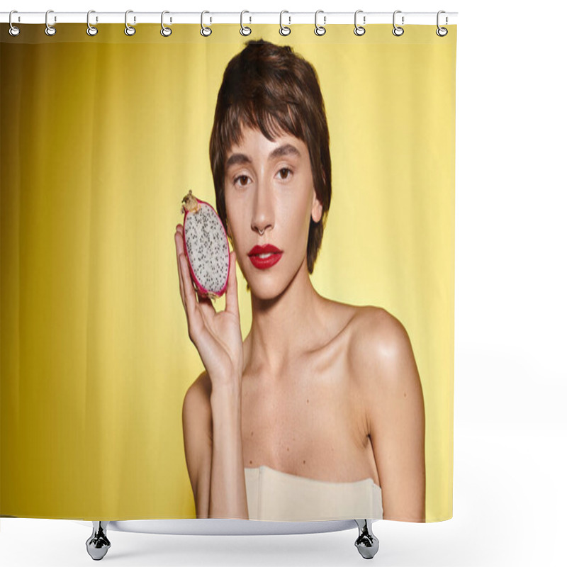 Personality  Young Woman In White Dress Holding Vibrant Round Fruit. Shower Curtains