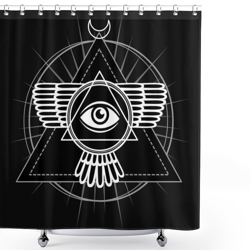 Personality  Esoteric Symbol: Winged Pyramid, Knowledge Eye, Sacred Geometry. The Monochrome Drawing Isolated On A Black Background. Vector Illustration. Print, Posters, T-shirt, Textiles. Shower Curtains