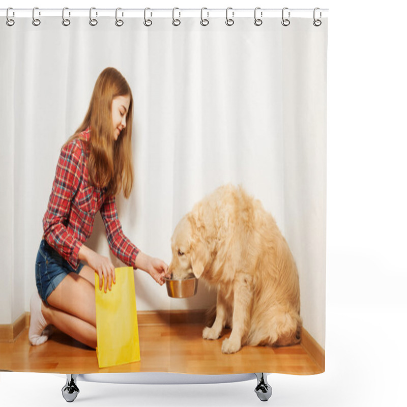 Personality  Teenage Girl Feeding Her Golden Retriever Shower Curtains