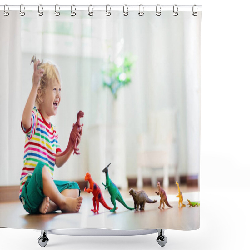 Personality  Child Playing With Toy Dinosaurs. Kids Toys. Shower Curtains