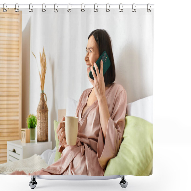 Personality  Mature Woman In Cozy Homewear Sits Leisurely On Bed, Deep In Conversation On Cell Phone. Shower Curtains