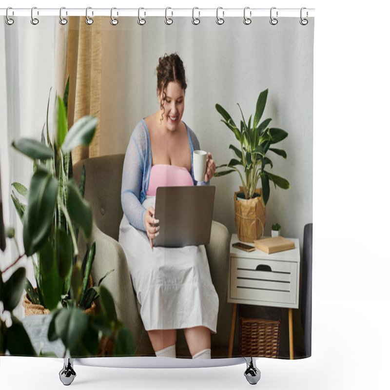 Personality  Cheerful Woman Holding Her Laptop While At Home. Shower Curtains