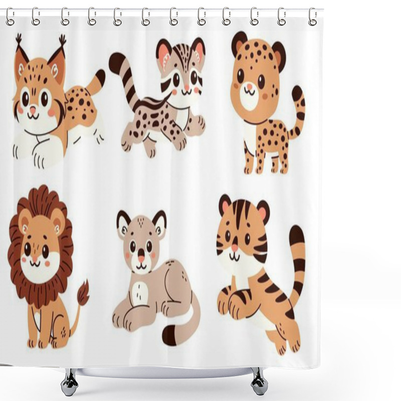 Personality  Set Of Flat Vector Illustrations In Childrens Style. Cute Wild Cats Lion, Tiger, Leopard, Puma, Ocelot, Lynx. . Vector Illustration Shower Curtains