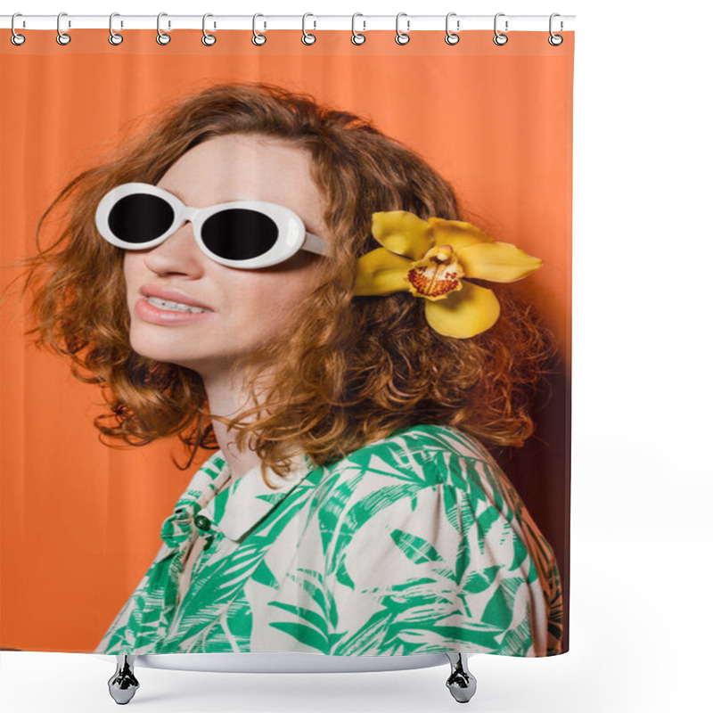 Personality  Young Trendy Red Haired Woman With Sunglasses, Blouse With Floral Print And Orchid Flower In Hair Smiling While Standing On Orange Background, Summer Casual And Fashion Concept, Youth Culture Shower Curtains