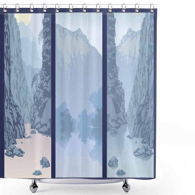 Personality  View Of Blue Mountains With Forest.Mountain Landscape. Silhouett Shower Curtains