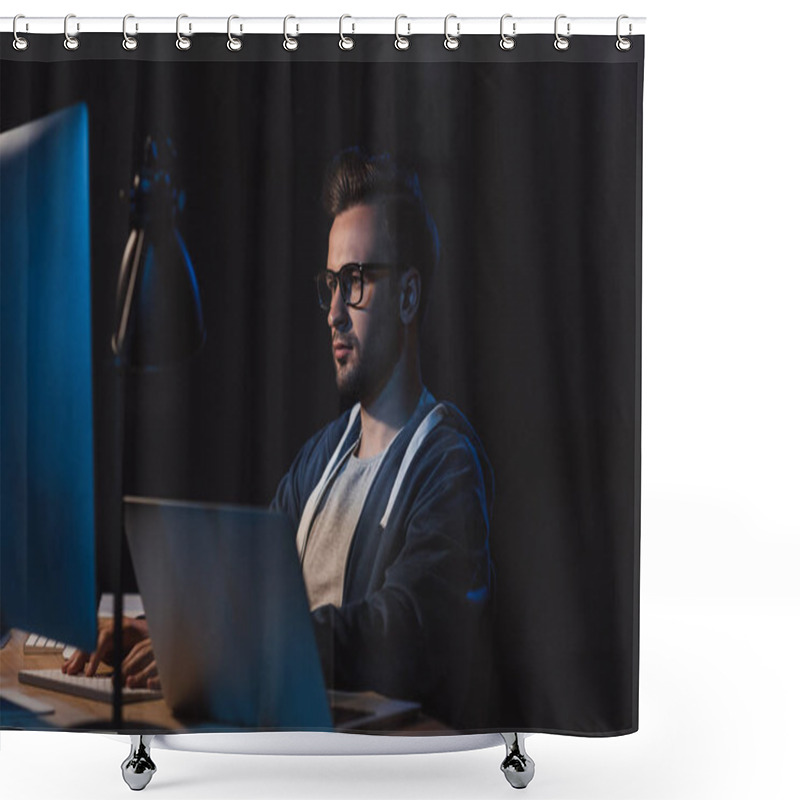 Personality  Young Programmer In Eyeglasses Working With Desktop Computer And Laptop At Night Shower Curtains