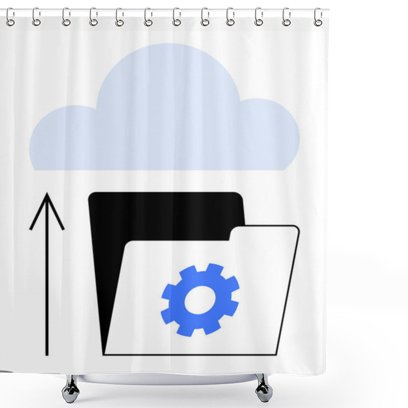 Personality  Folder With Settings Gear Icon And Upward Arrow Pointing To Cloud. Ideal For Cloud Storage, Data Management, Backups, File Organization, Cloud Technology, Cybersecurity, Digital Transformation. Line Shower Curtains