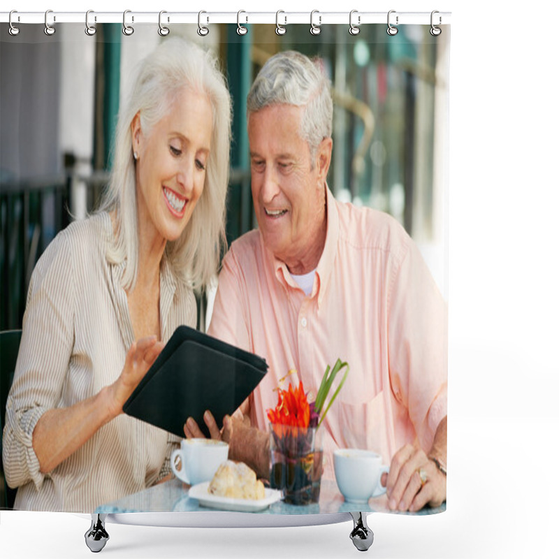 Personality  Senior Woman Enjoying Snack At Outdoor Cafe Shower Curtains