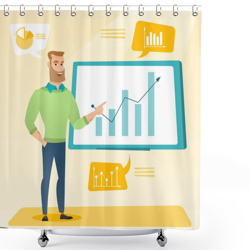 Personality  Businessman Presenting Review Of Financial Data. Shower Curtains