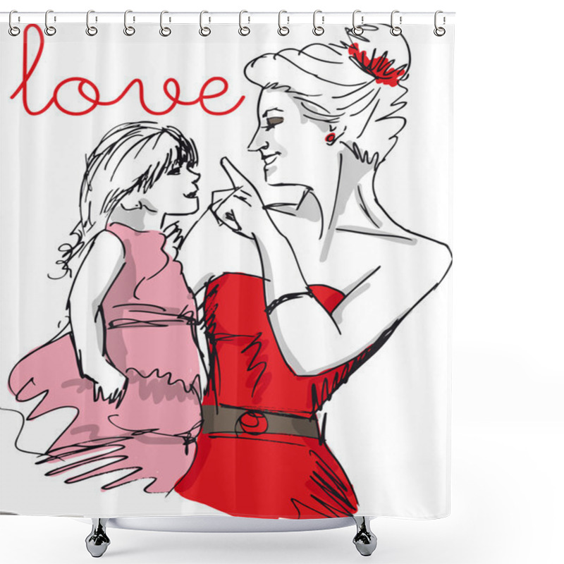 Personality  Sketch Of Little Girl Having Fun With Her Beautiful Mother. Vect Shower Curtains