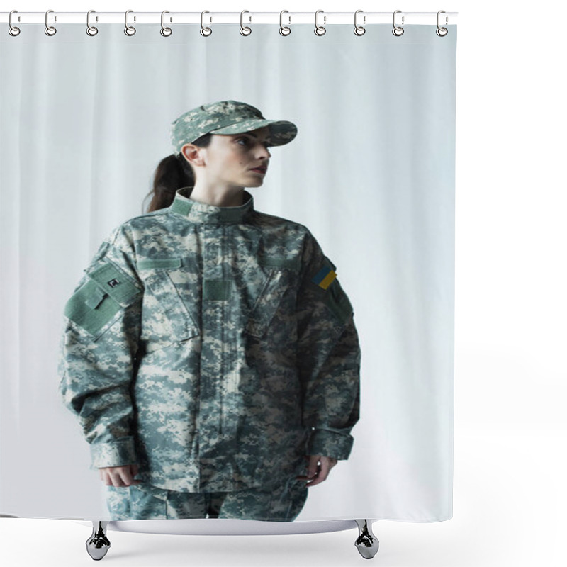 Personality  Military Woman With Ukrainian Chevron Looking Away Isolated On Grey Shower Curtains