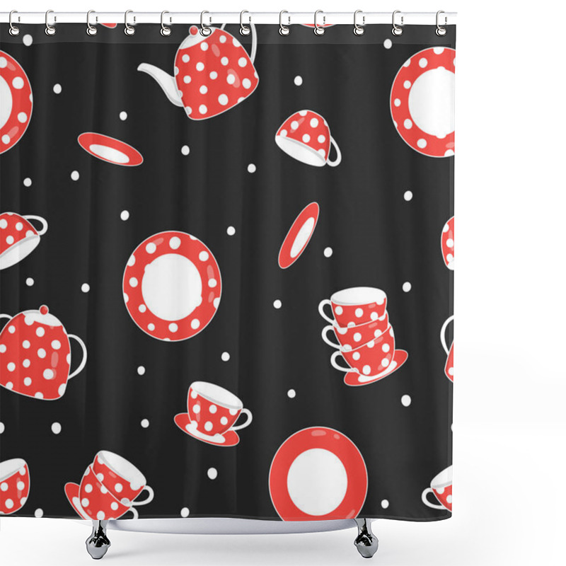 Personality  Seamless Pattern With Tea Set On A Black Background. Shower Curtains