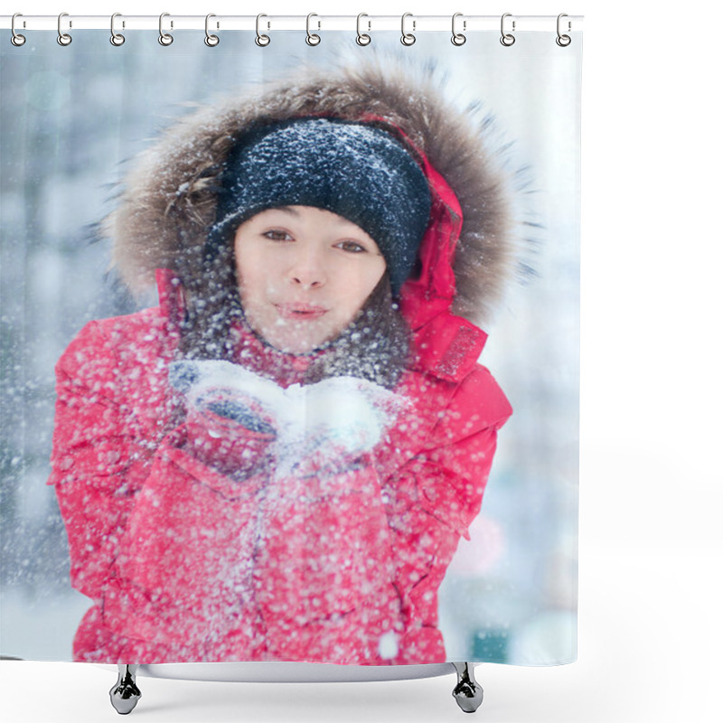 Personality  Happy Young Woman Plays With A Snow Shower Curtains