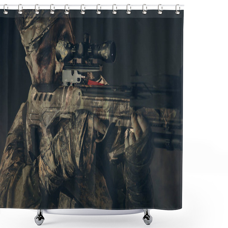 Personality  Warrior Man In Camouflage With Crossbow Looking Into Optical Sight Shower Curtains