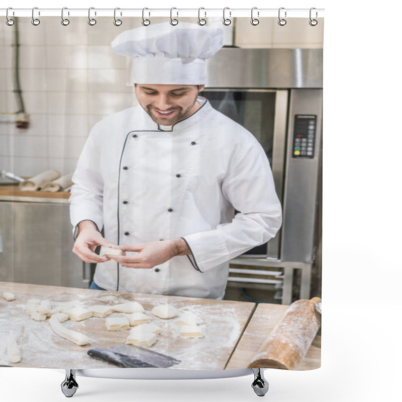 Personality  Smiling Baker With Uncooked Dough At Professional Kitchen Shower Curtains