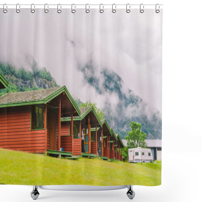 Personality  Traditional Red Camping Houses In Lunde Camping, Norway July 21, 2019. Classical Norwegian Camping Site With Traditional Wooden Red Cottages, Northern Norway. Camping Cabins Shower Curtains