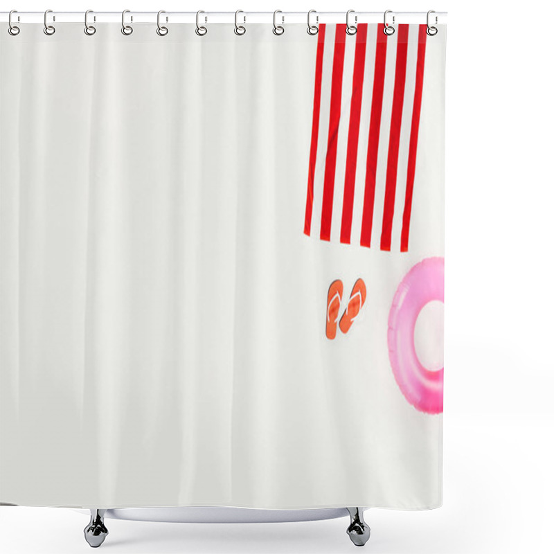 Personality  Top View Of Striped Towel, Flip Flops And Inflatable Ring Isolated On White Shower Curtains