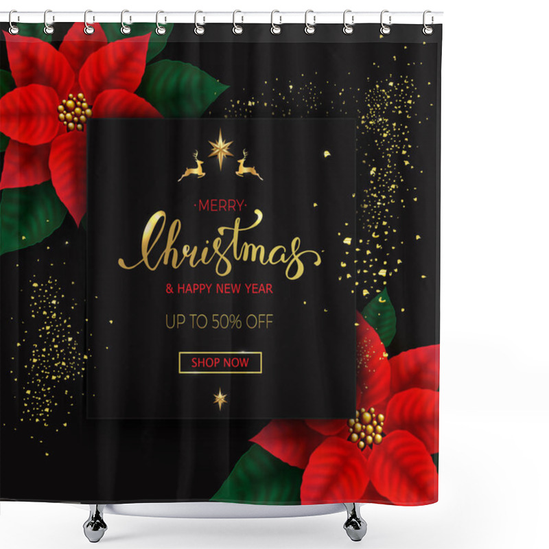 Personality  Merry Christmas Background With Poinsettia Flowers Sale Banner.  Shower Curtains