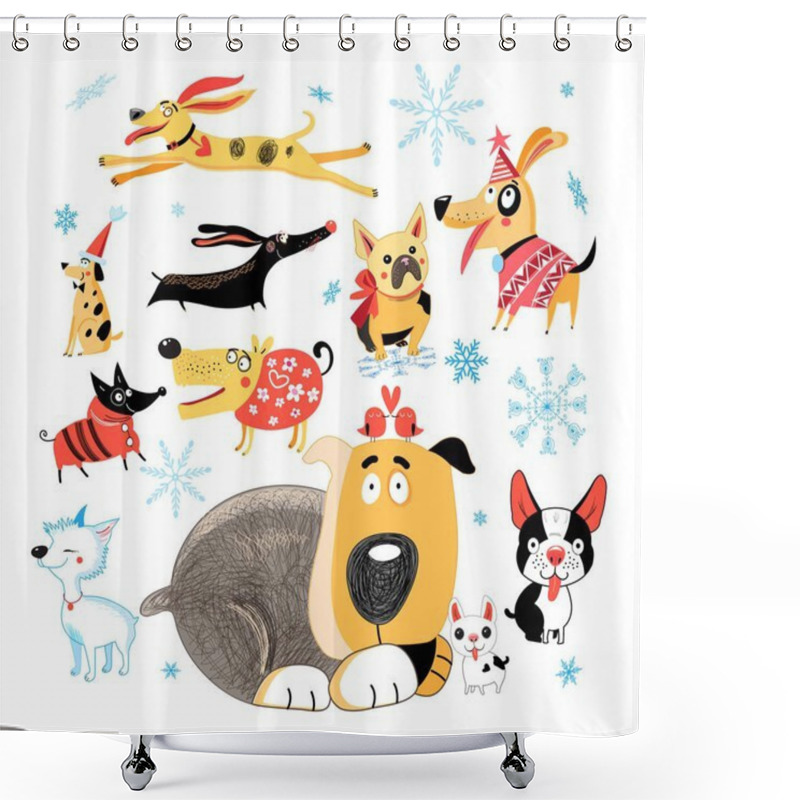 Personality  Vector New Year Set Of Different Funny Dogs  Shower Curtains