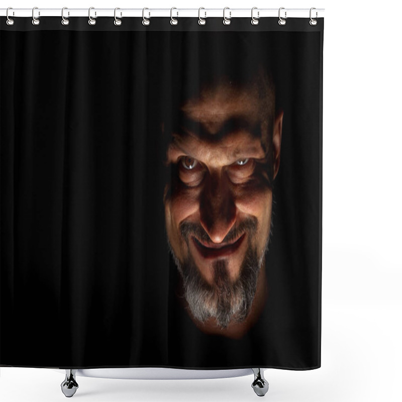 Personality   Face With A Bearded Man Grimace Against A Dark Background With Sharp Shadows. Comedic, Fabulous Villain Or Negative Character Conception With Copy Space. Shower Curtains