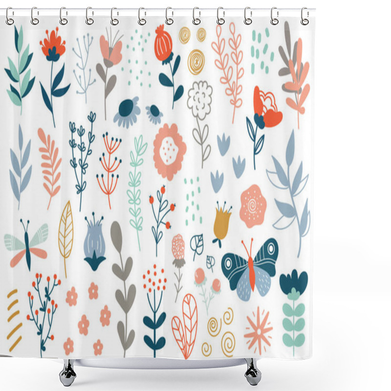 Personality  Hand Drawn Abstract Wildflowers Flowers And Leaves Flat Icons Set. Floral Design With Ornaments. Spring Flowers Blossom. Beautiful Bouquet. Color Isolated Illustrations Shower Curtains